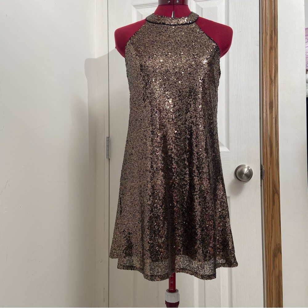 One  Clothing women gold sequins sleeveless mini lined dress. Size S. Used.